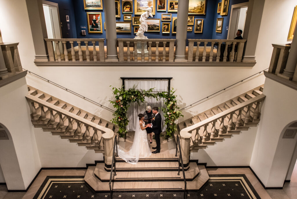 Balcony and staircase for ceremony at Currier Museum of Art in Manchester, NH