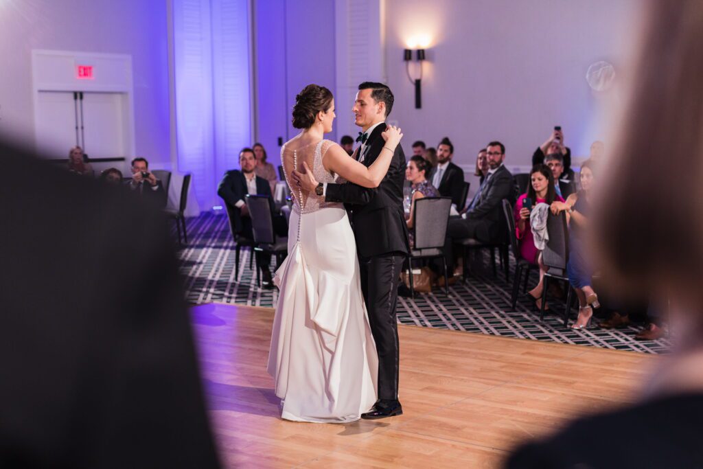 Nicole and Alex’s first dance with blue uplighting at Hanover Inn