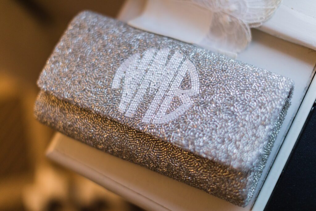 Beaded bridal clutch personalized with Nicole’s initials