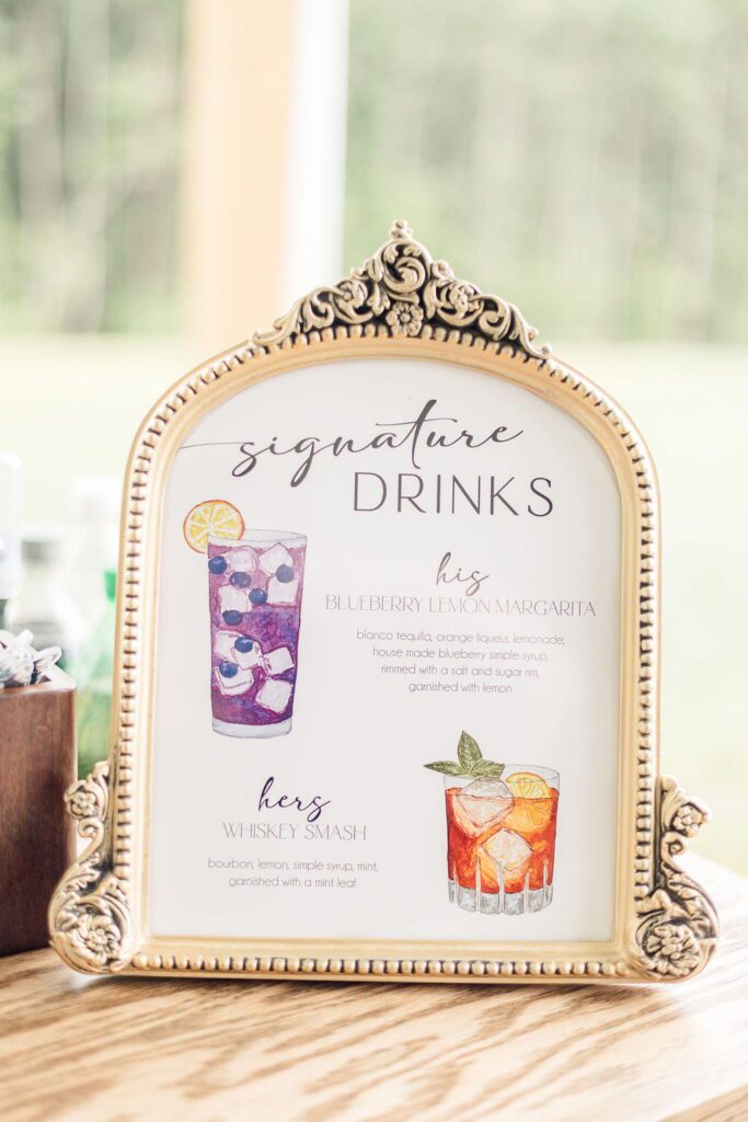 Framed signature drink menu for Emily and Cory’s wedding