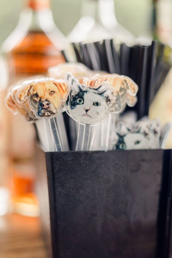 Custom dog and cat cocktail stirrers at Emily and Cory’s wedding reception