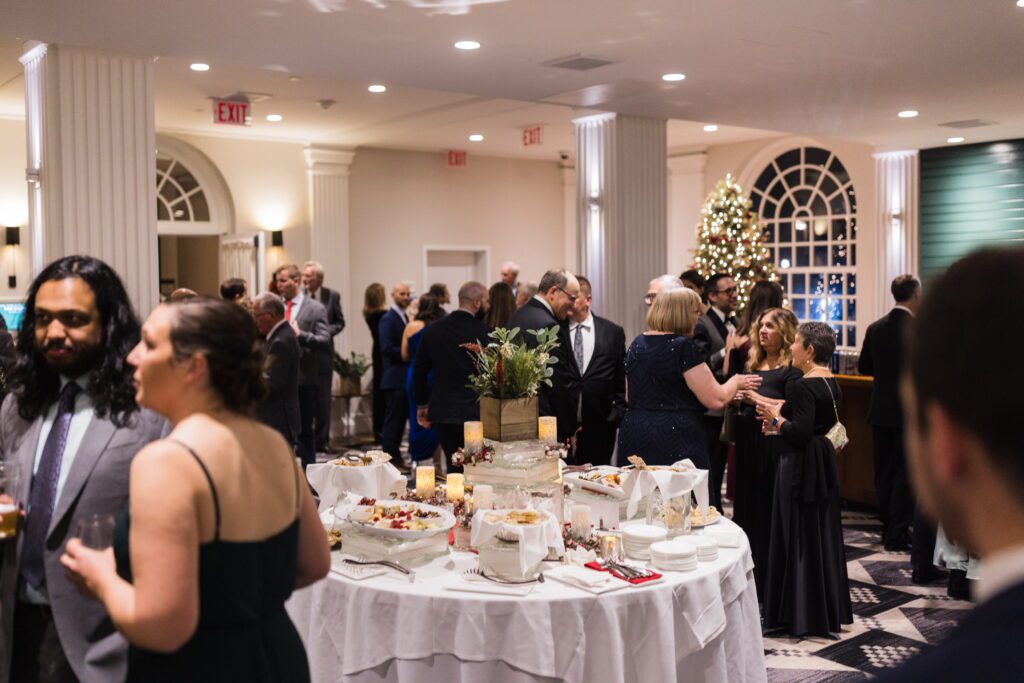 Guests enjoying the winter wedding cocktail hour at Hanover Inn
