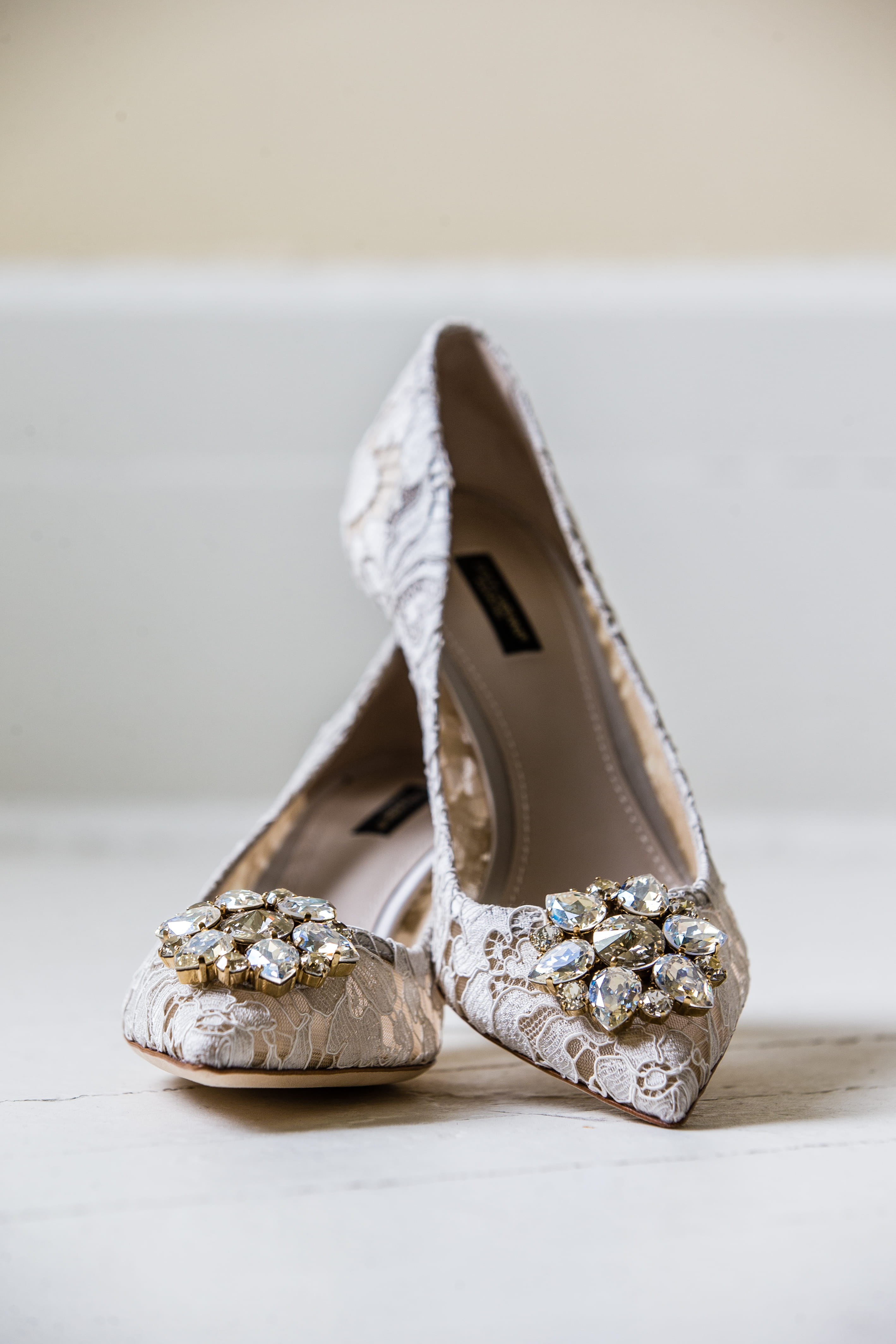 Lace bridal shoes with jeweled details for an Omni Mount Washington wedding