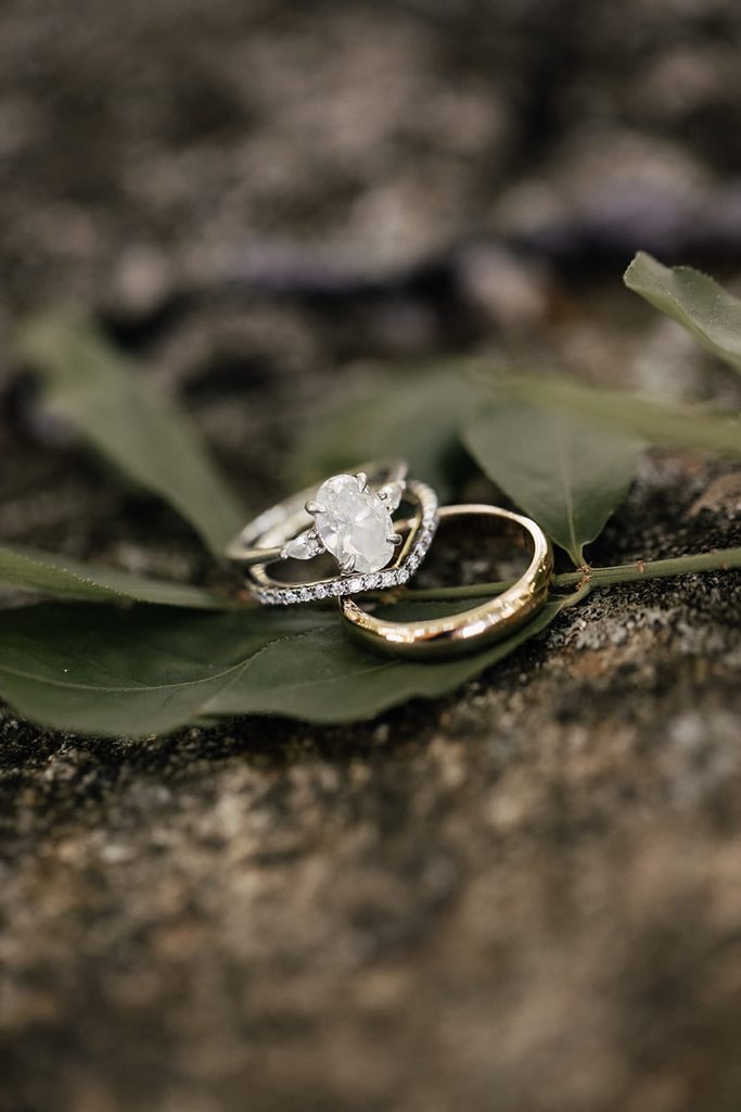 Caroline and Arthur’s wedding rings arranged on a green leaf