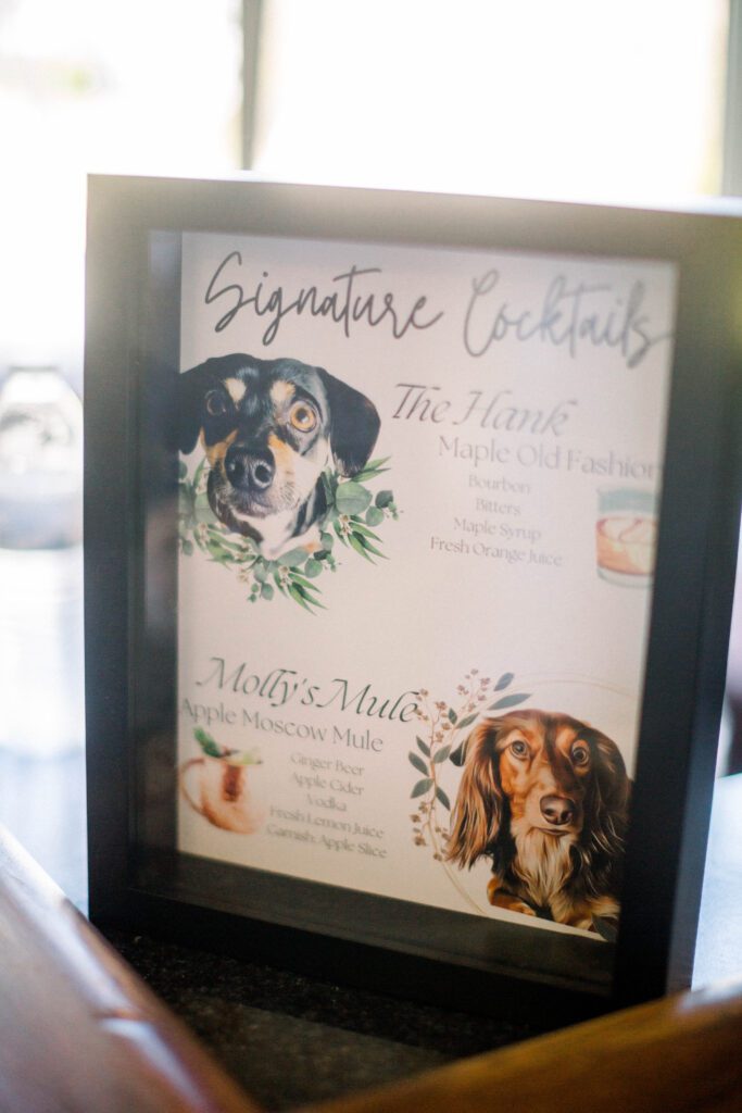Signature cocktail sign featuring the couple’s dogs, Hank and Molly