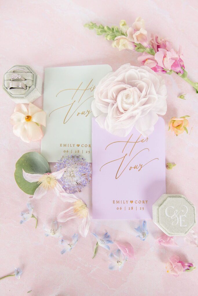 Emily and Cory’s wedding vow books and rings surrounded by pastel flowers