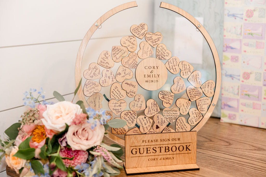 Emily and Cory’s personalized wooden heart wedding guestbook
