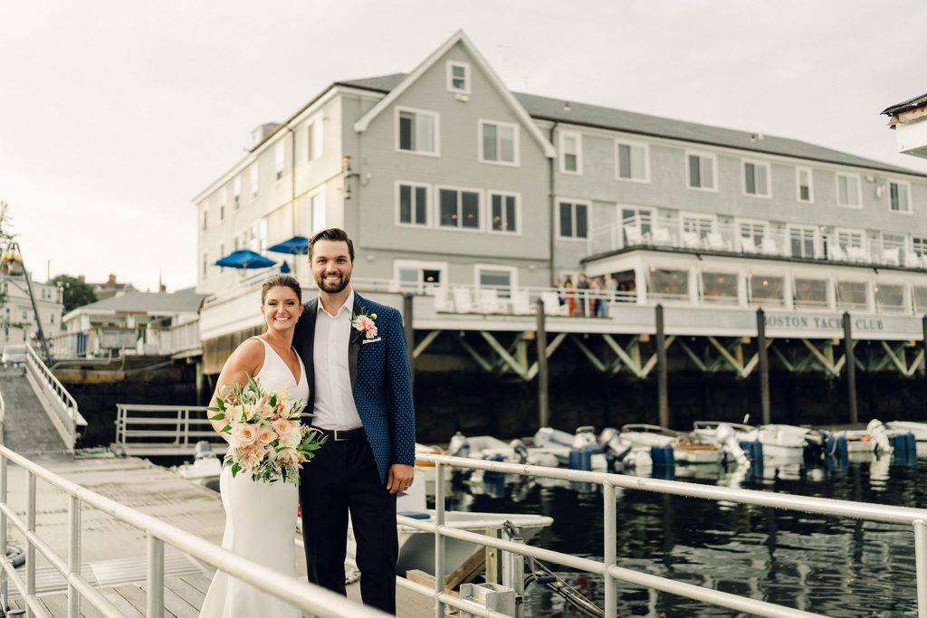 Erin and Rob outside the Boston Yacht Club after their wedding ceremony