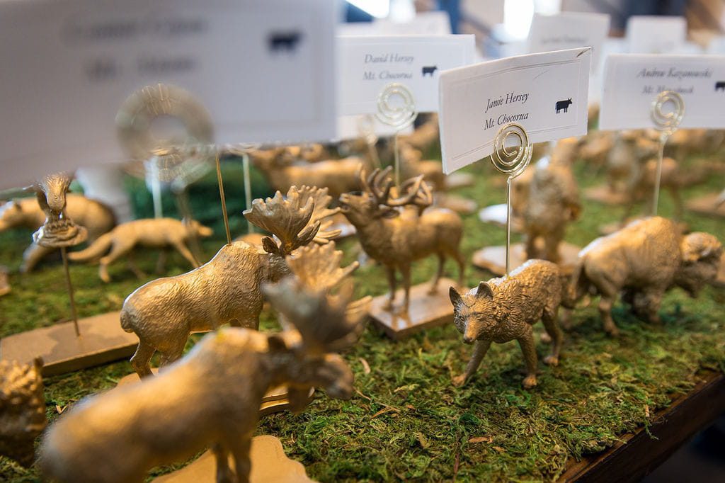 Gold woodland animal escort cards arranged over moss at Rosebrook Lodge