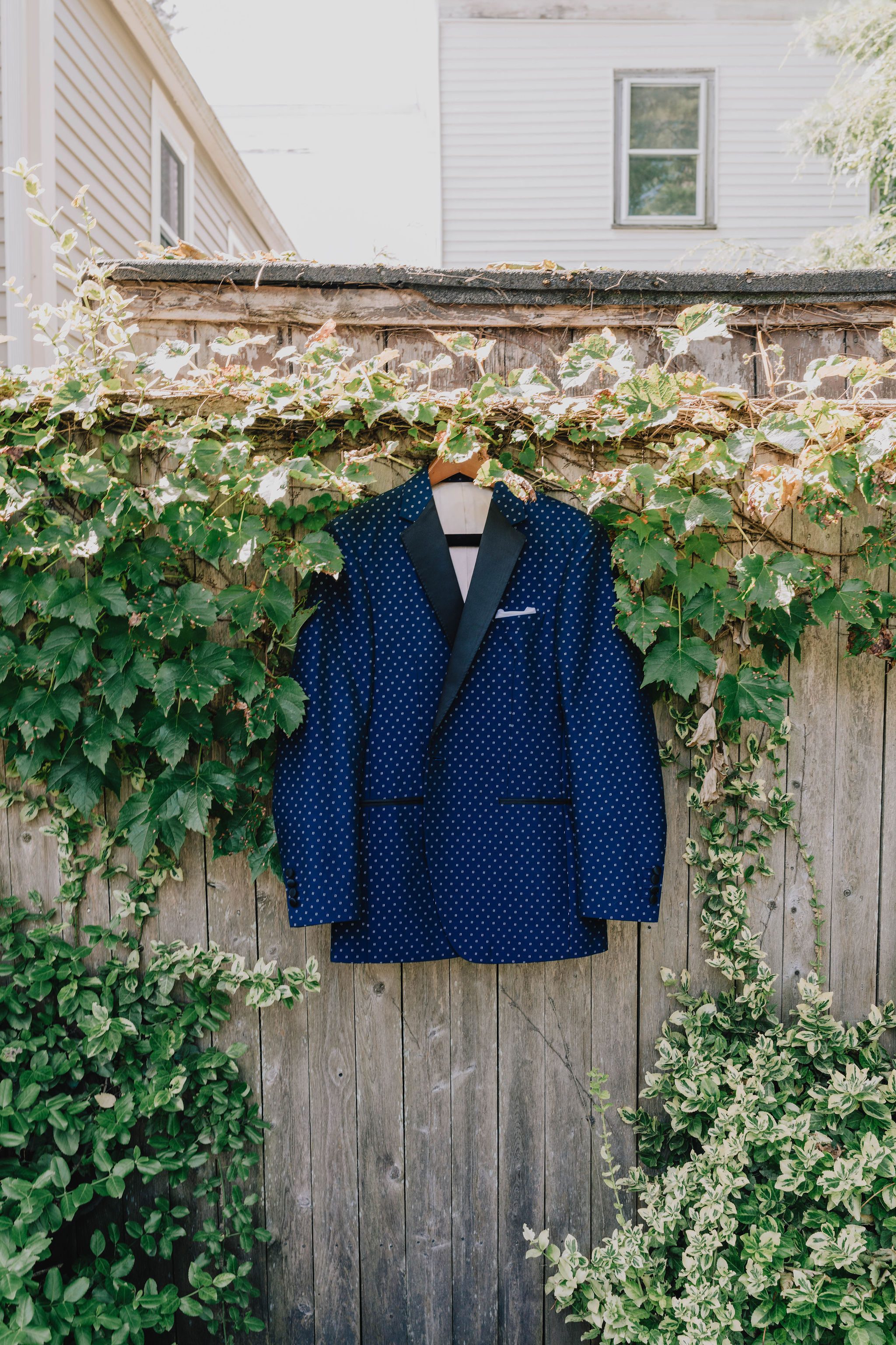 Navy patterned groom’s suit for a Boston Yacht Club wedding