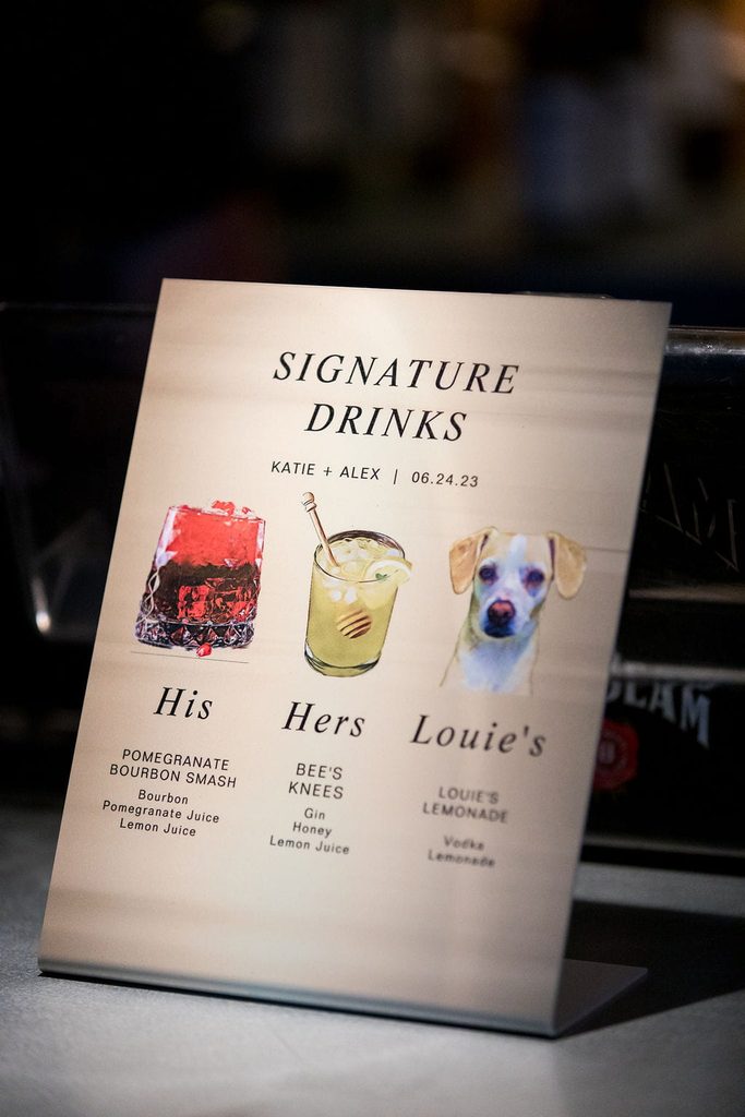 Katie and Alex’s signature wedding drinks featuring their dog Louie
