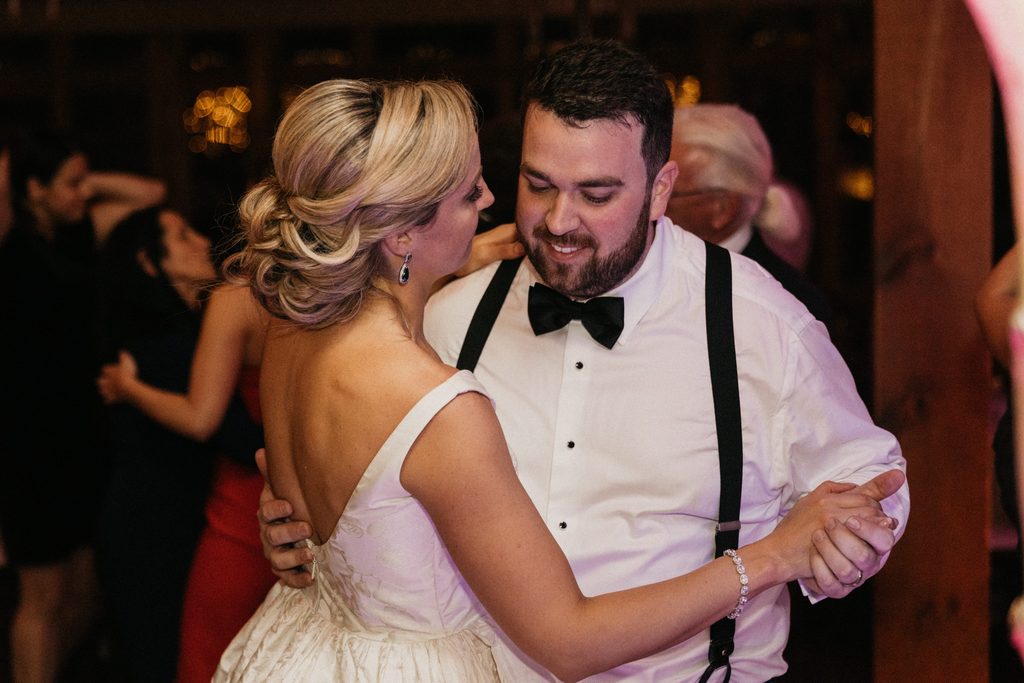 Kerry and Jake dancing together at their Bedford Village Inn reception