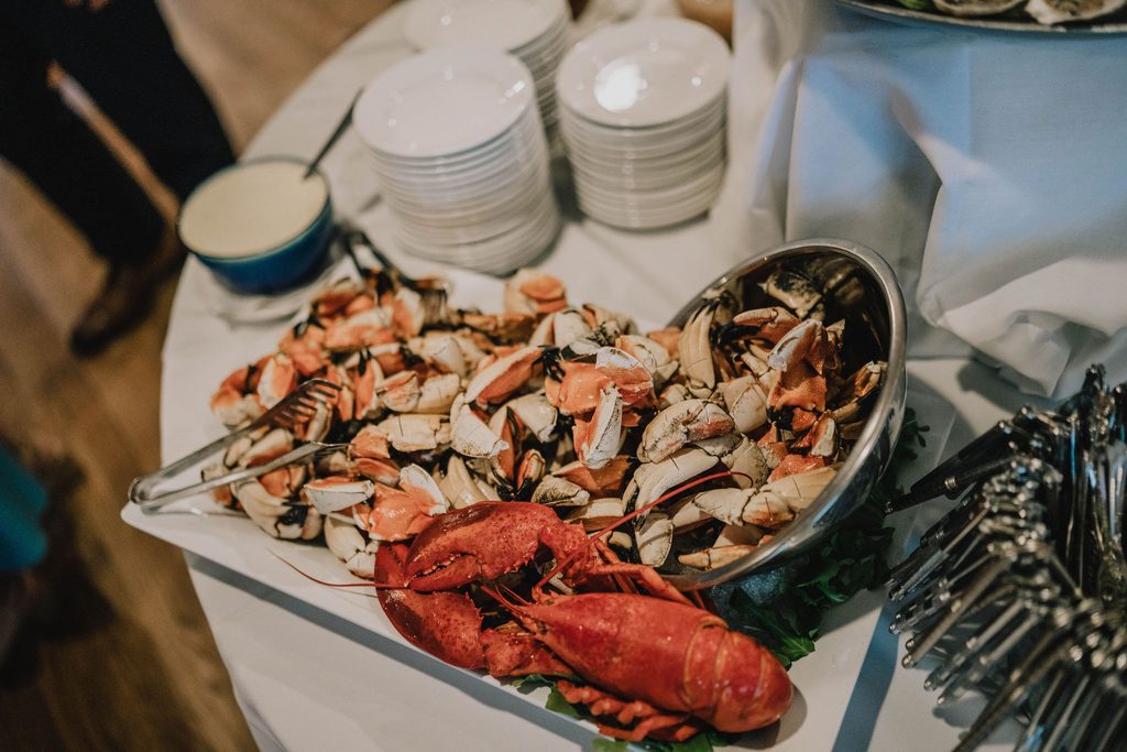 Lobster, crab and oysters served during a New England wedding cocktail hour