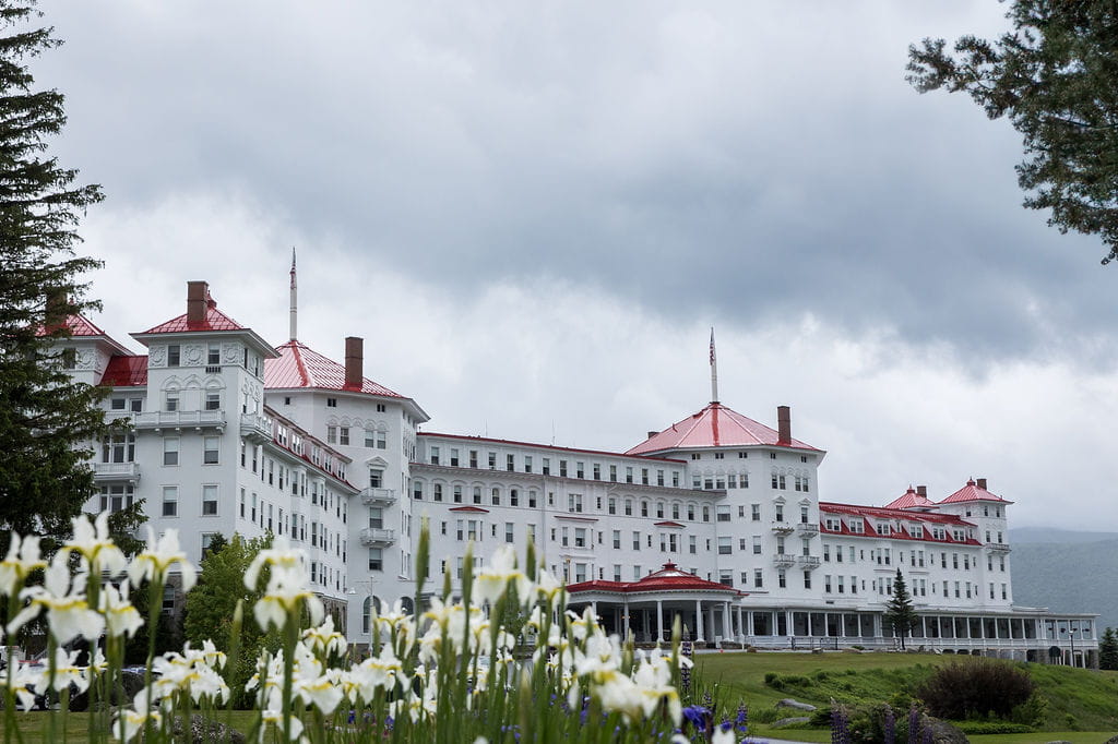 Omni Mount Washington Resort beneath cloudy skies in Bretton Woods