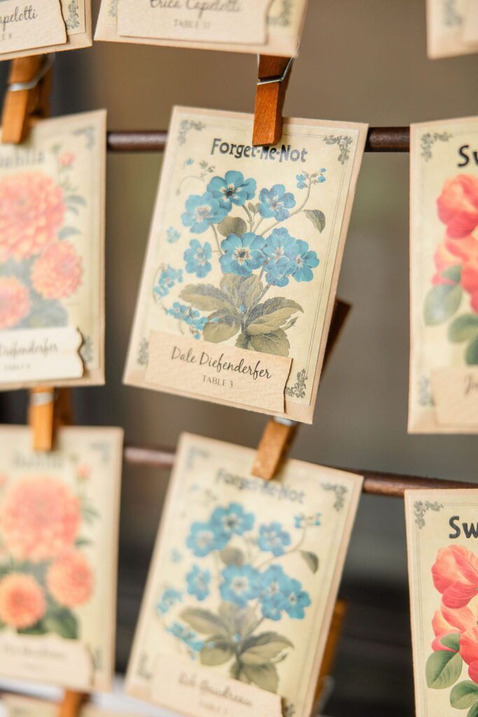 Seed packet escort cards for a summer garden wedding at Hyla Brook Estate